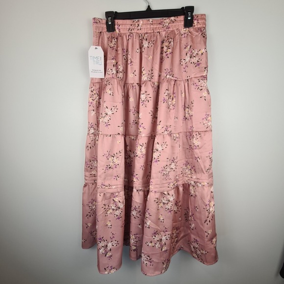 Time and Tru Women's Printed Tiered Elastic Waist Midi Skirt M Dusty Rose Floral - Picture 9 of 11